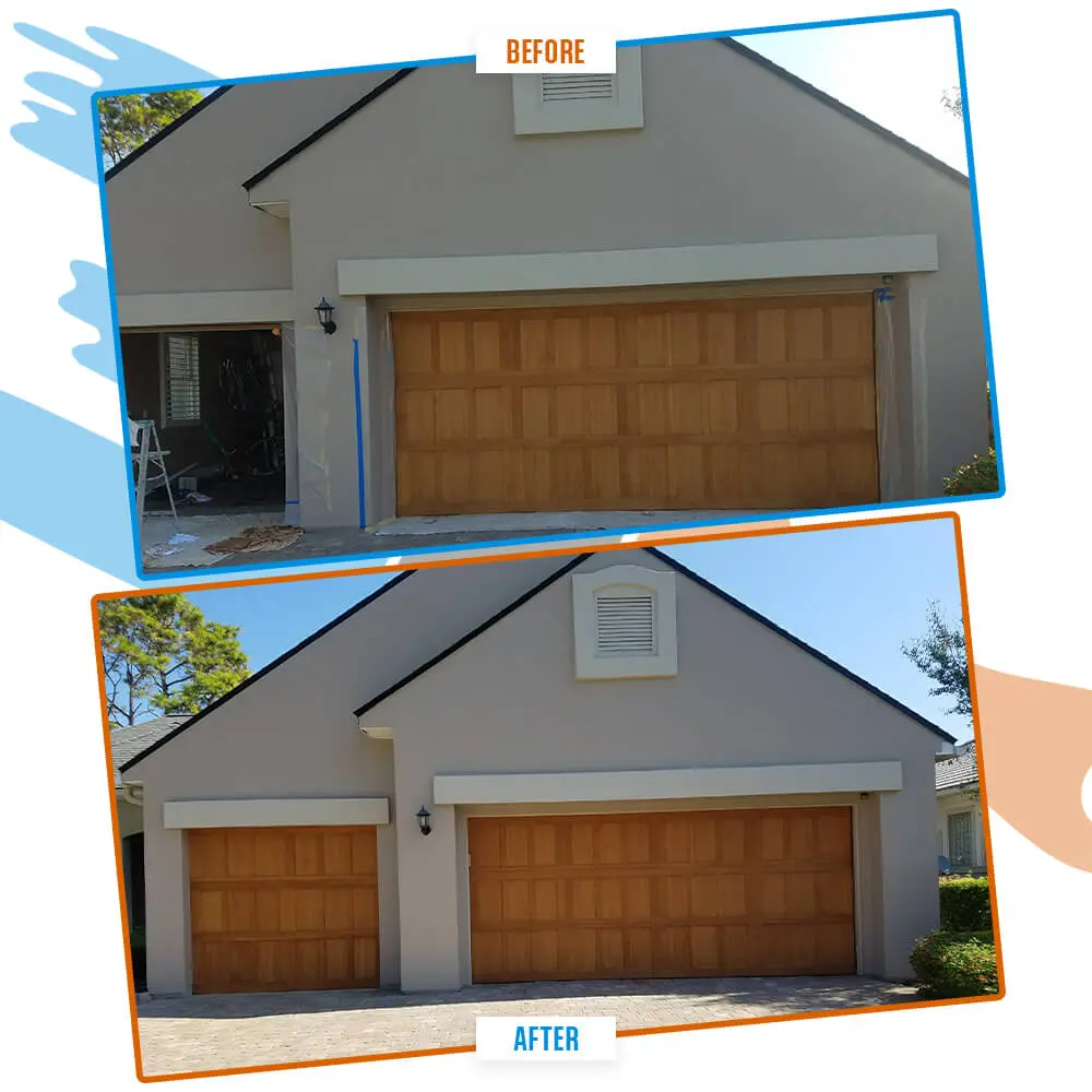 Residential garage door staining and exterior stucco refresh by 1st Coast Painting featuring a before and after curb appeal transformation.