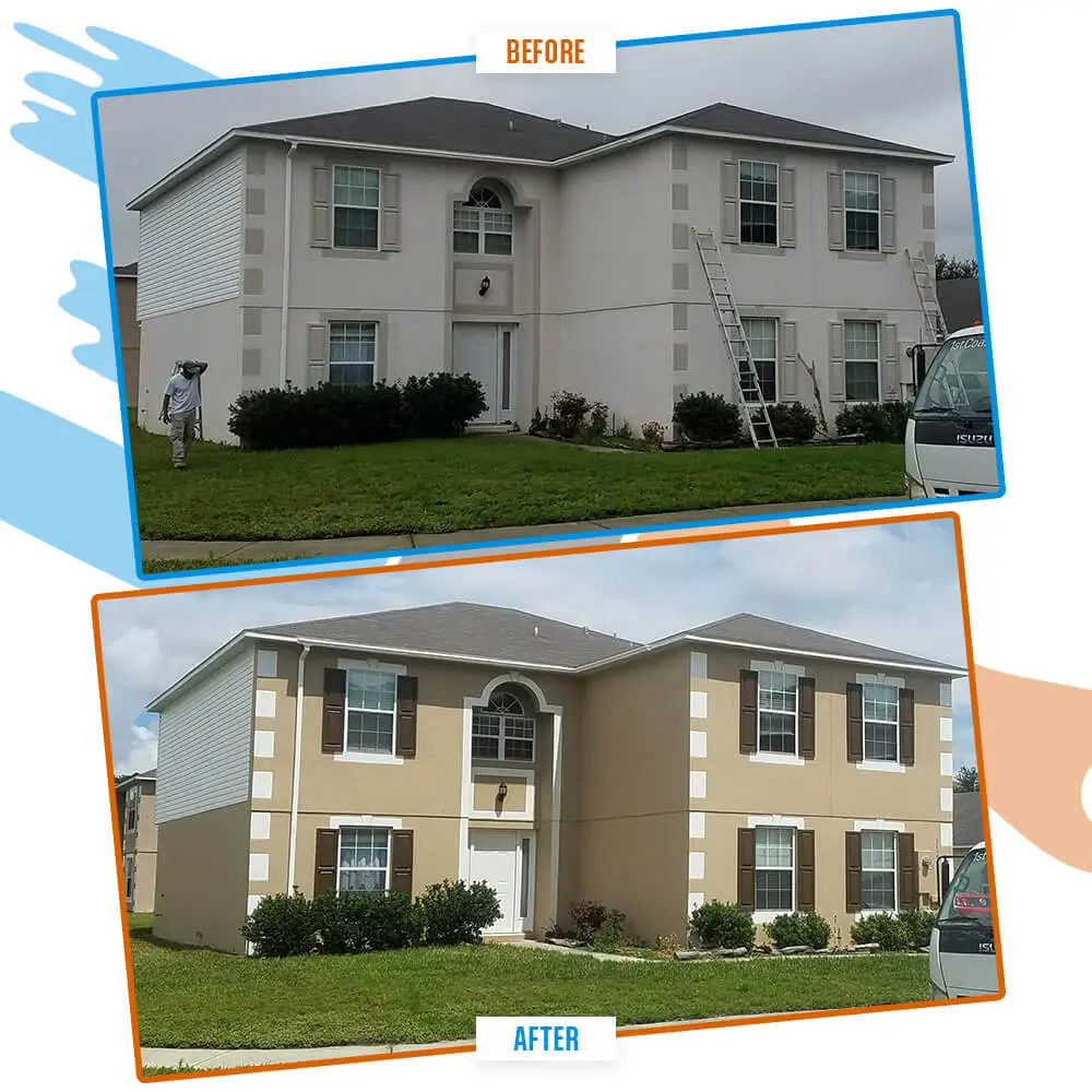 Before and after exterior house transformation by 1st Coast Painting showcasing a fresh tan stucco finish and dark brown shutter accents.