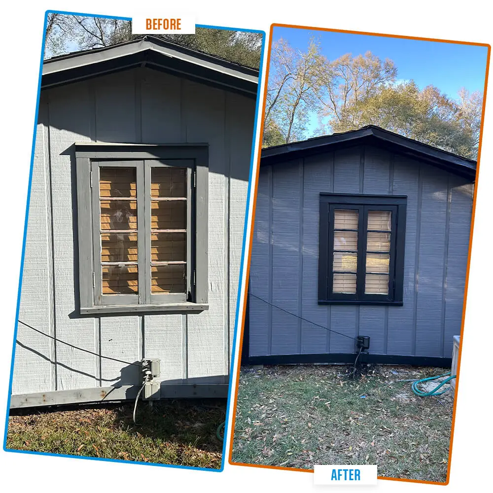 1st Coast Painting showcases a before and after exterior home renovation featuring a dramatic transformation from faded light siding to a modern charcoal grey finish with bold black window trim.