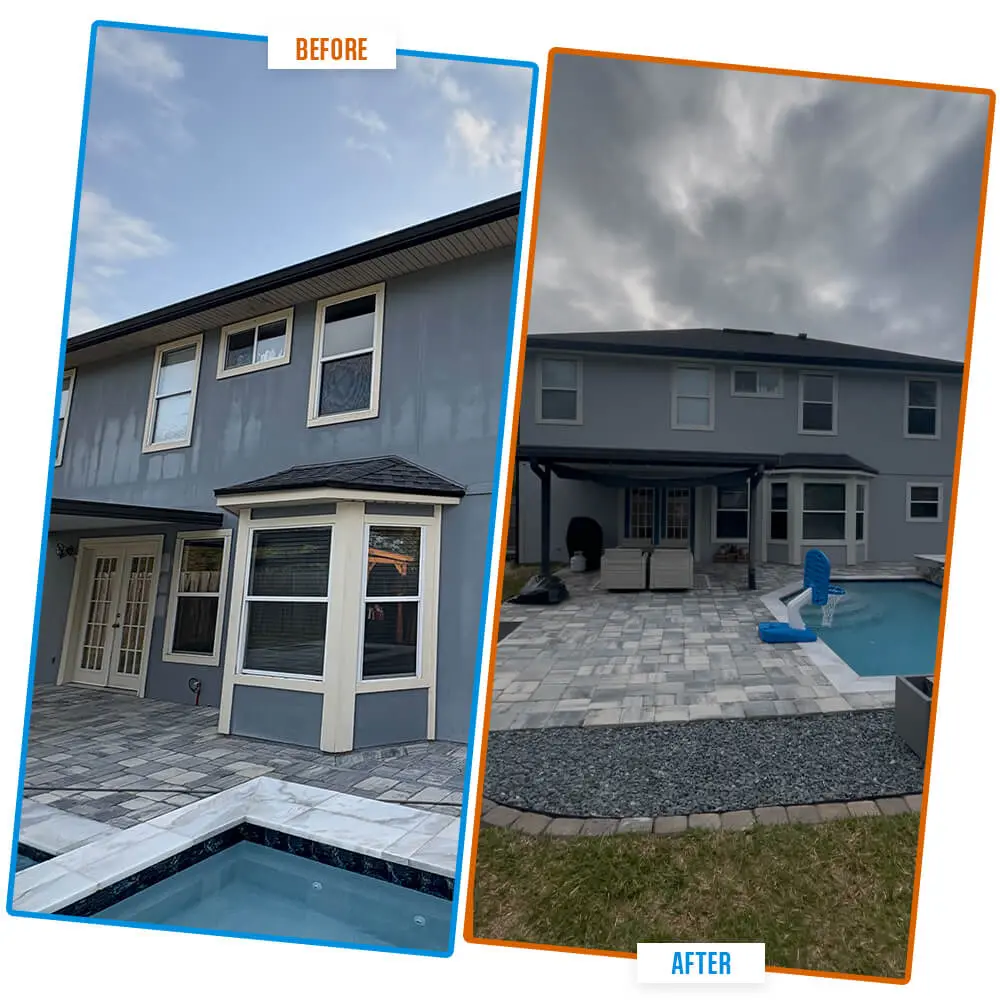 A Before and After comparison by 1st Coast Painting showing a home exterior transformation from weathered, streaked grey stucco to a flawlessly smooth and uniform finish.