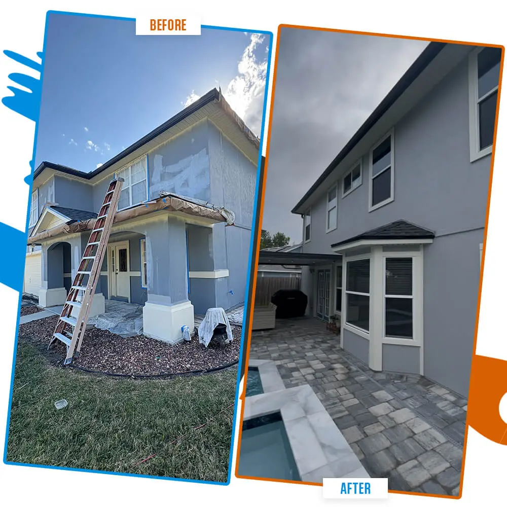 Professional residential exterior transformation showing a before and after comparison of a two-story home repainted in modern gray by 1st Coast Painting.