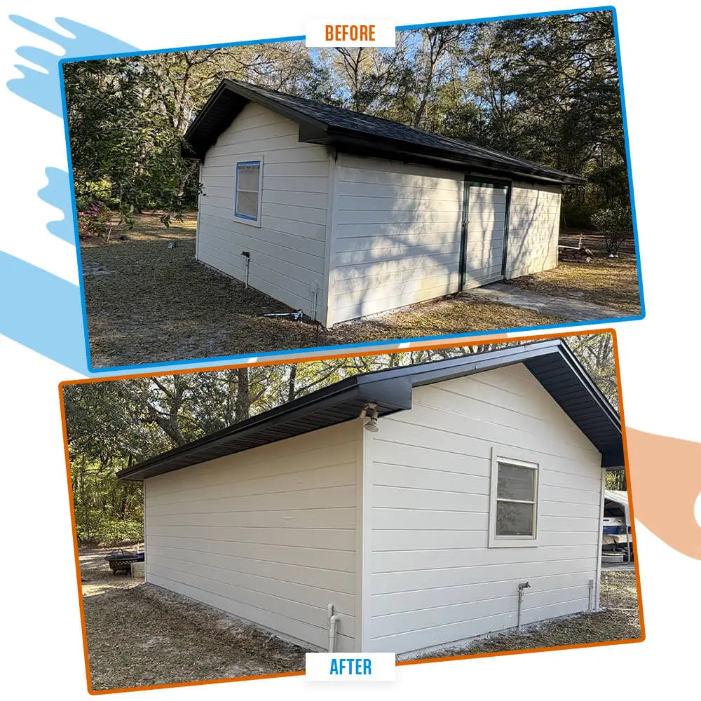Freshly painted shed exterior by 1st Coast Painting showing a clean, uniform finish compared to the previous weathered siding.