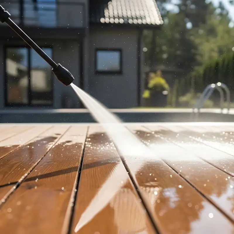 Power washing a wooden pool deck to restore the natural grain before applying premium sealant by 1st Coast Painting.
