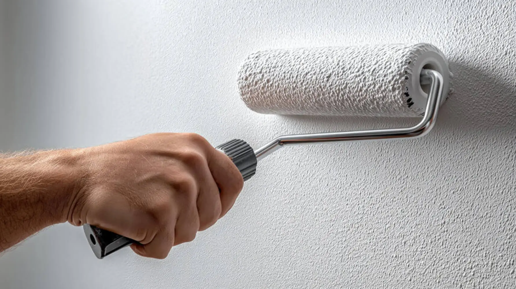 A painter rolling white primer on an interior wall before painting.