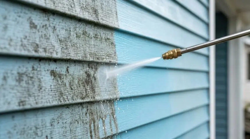 A pressure washer removing dirt and mold from a house exterior before painting.