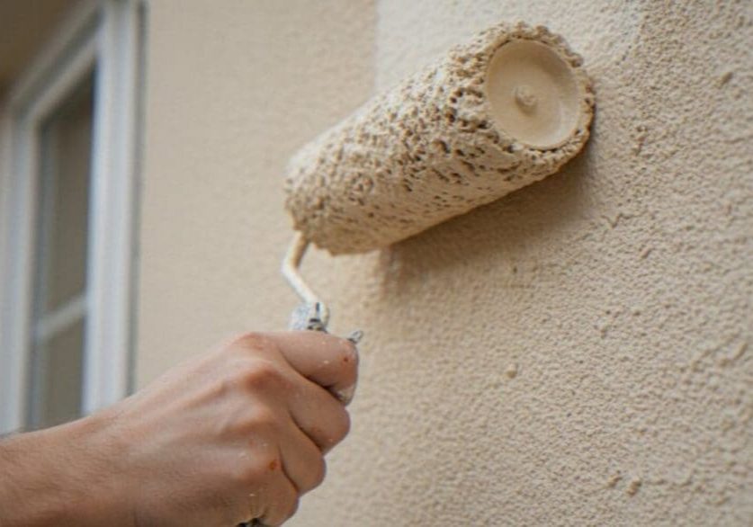 Roller applying light exterior paint to a stucco wall in mild, dry weather, illustrating the best time of year for exterior house painting.