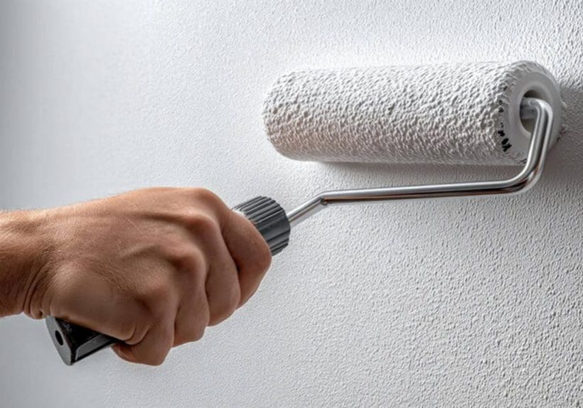 A painter rolling white primer on an interior wall before painting.