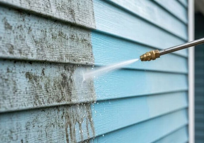 A pressure washer removing dirt and mold from a house exterior before painting.